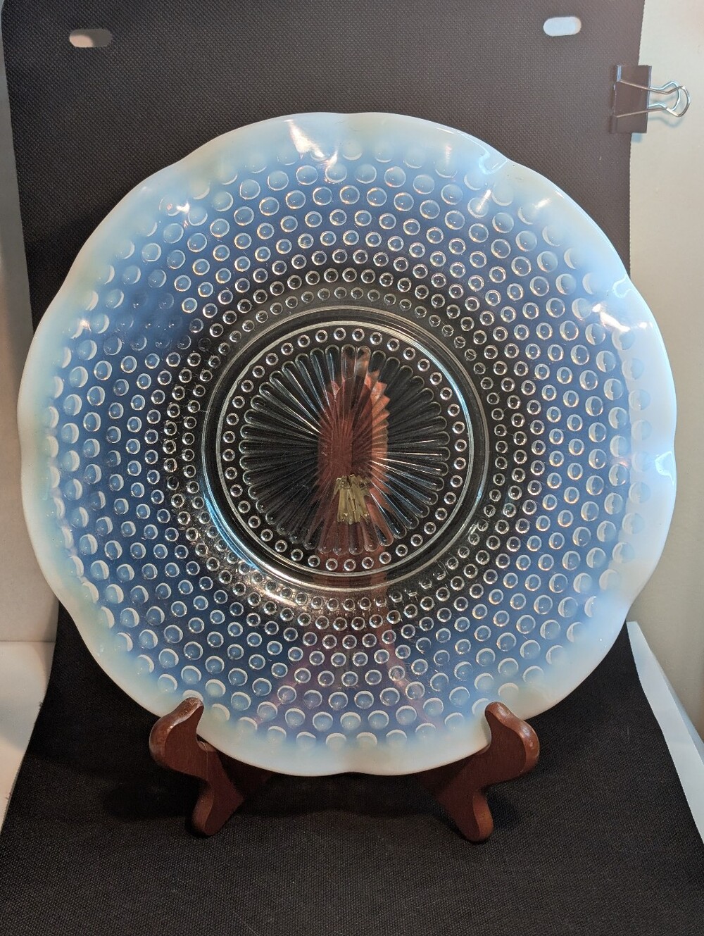Anchor Hocking Serving Plate Hobnail Clear Milk White Opalescent Ruffled Edge.